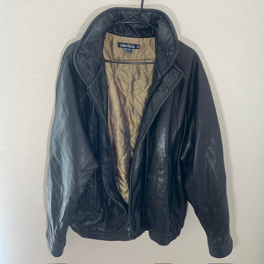 Nautica Black Leather Bomber Jacket